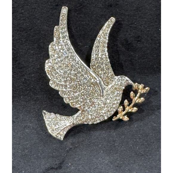 Napier Jewelry - Vintage Napier Clear Rhinestone Dove Brooch with Gold Olive Branch CP43